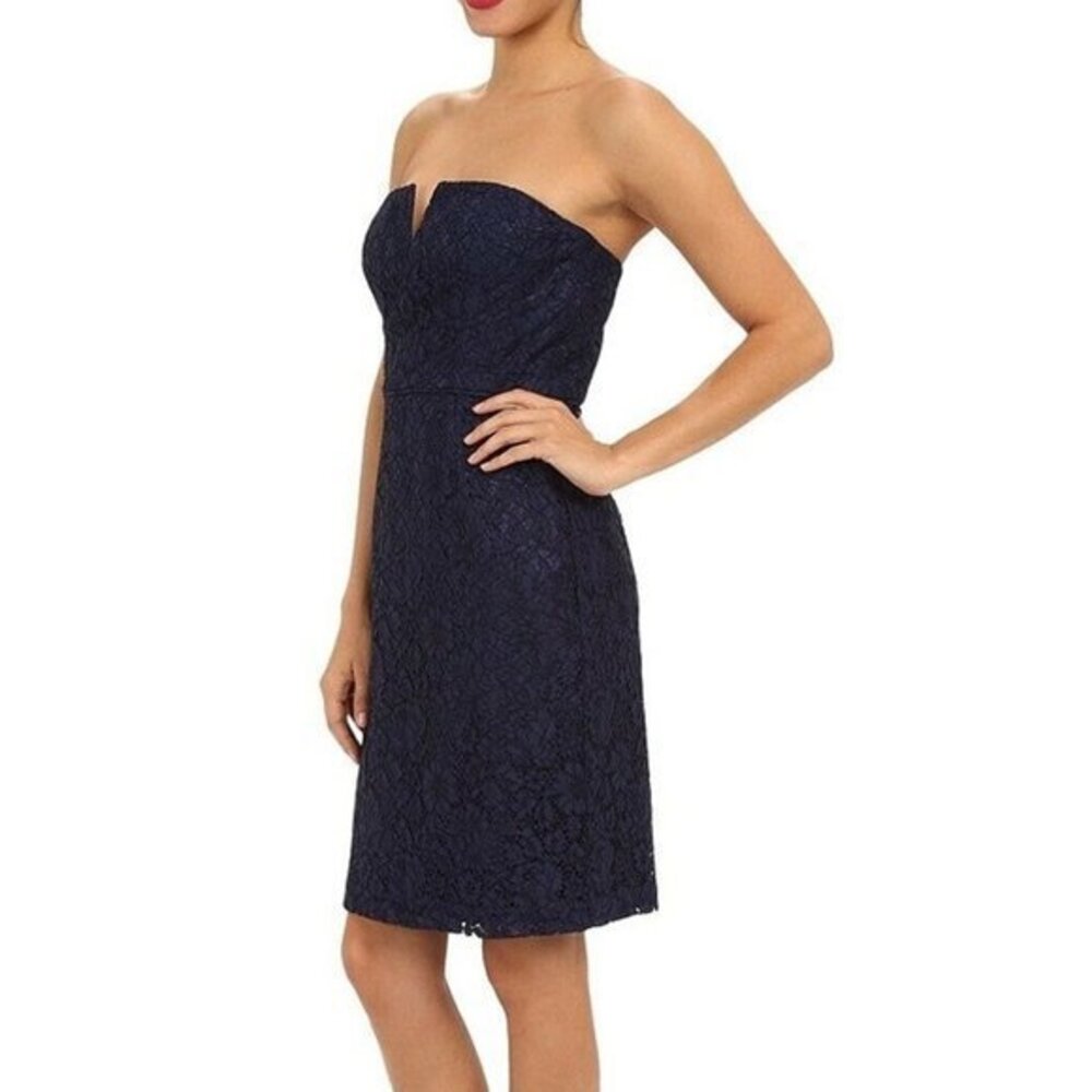 Donna Morgan Quinn Short Strapless Lace Dress. 6